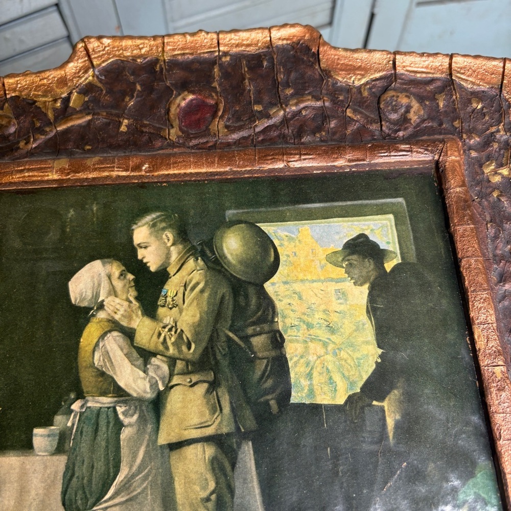 Antique WWI "GOODBYE, LITTLE FRENCH MOTHER" Wooden Wall Art Norman Rockwell - Picture 5 of 10